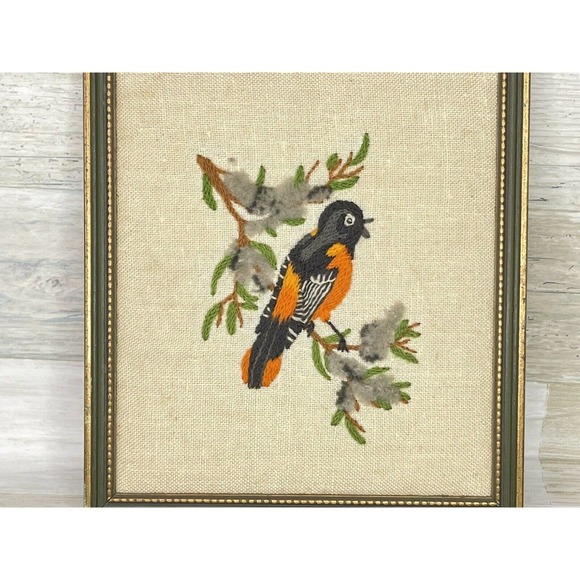 Needle Punch Embroidery Bull Finch on Tree Branch Framed 8"X10" - Picture 2 of 3